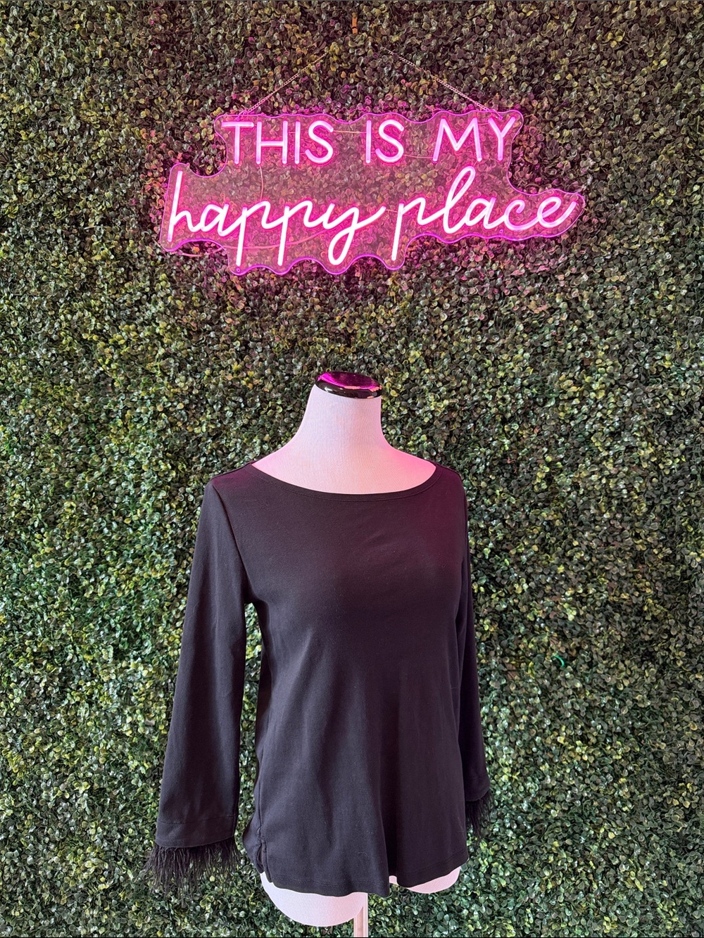 J crew Black Boatneck Long-Sleeve Top with (removable) Feather Trim